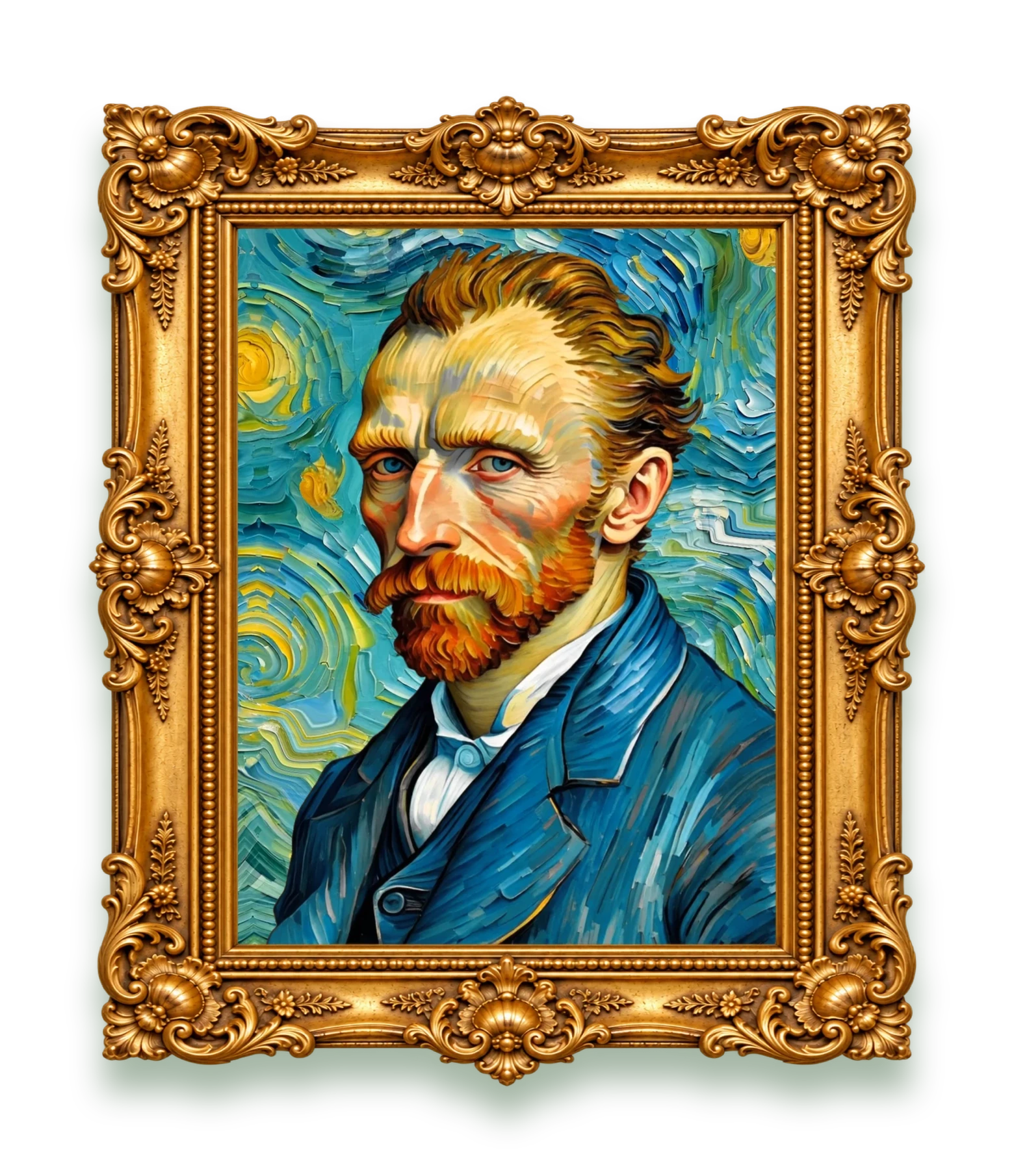 A framed portrait of a red-bearded man in a blue coat against a swirling starry sky, painted in post-impressionist brushstrokes