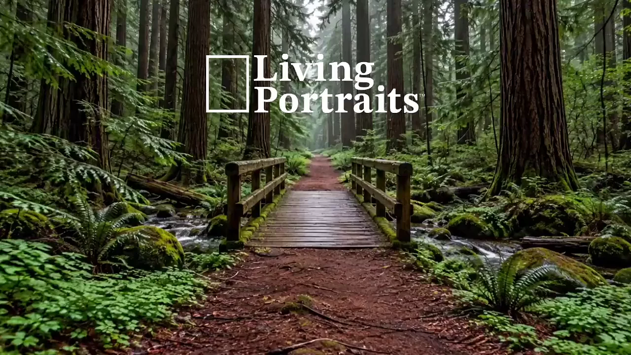 A misty redwood forest trail with a wooden footbridge