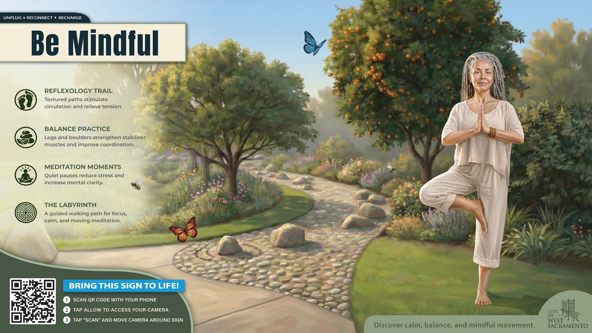 Living Portrait sign, Be Mindful, for the City of West Sacramento: a woman in a yoga tree pose beside a garden path, with a QR code to bring the sign to life