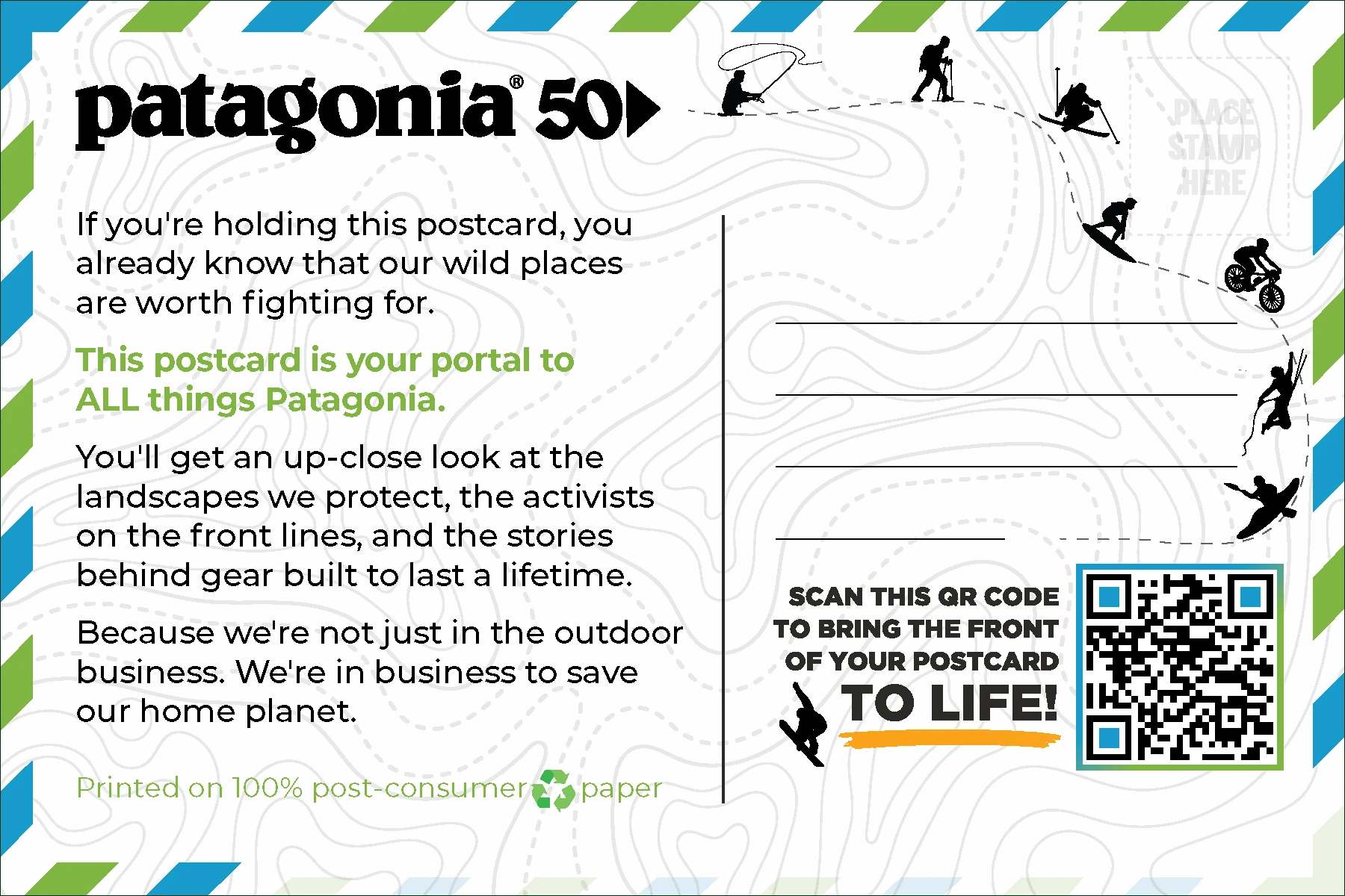 Back of the sample postcard: a Patagonia 50 message calling the postcard a portal to all things Patagonia, address lines, and a QR code to bring the front of the postcard to life