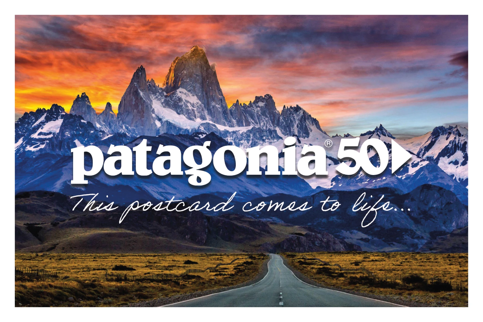 Front of a sample Paper-View postcard: Patagonia 50 over the Fitz Roy peaks at sunset, with a road leading toward the mountains and the line This postcard comes to life