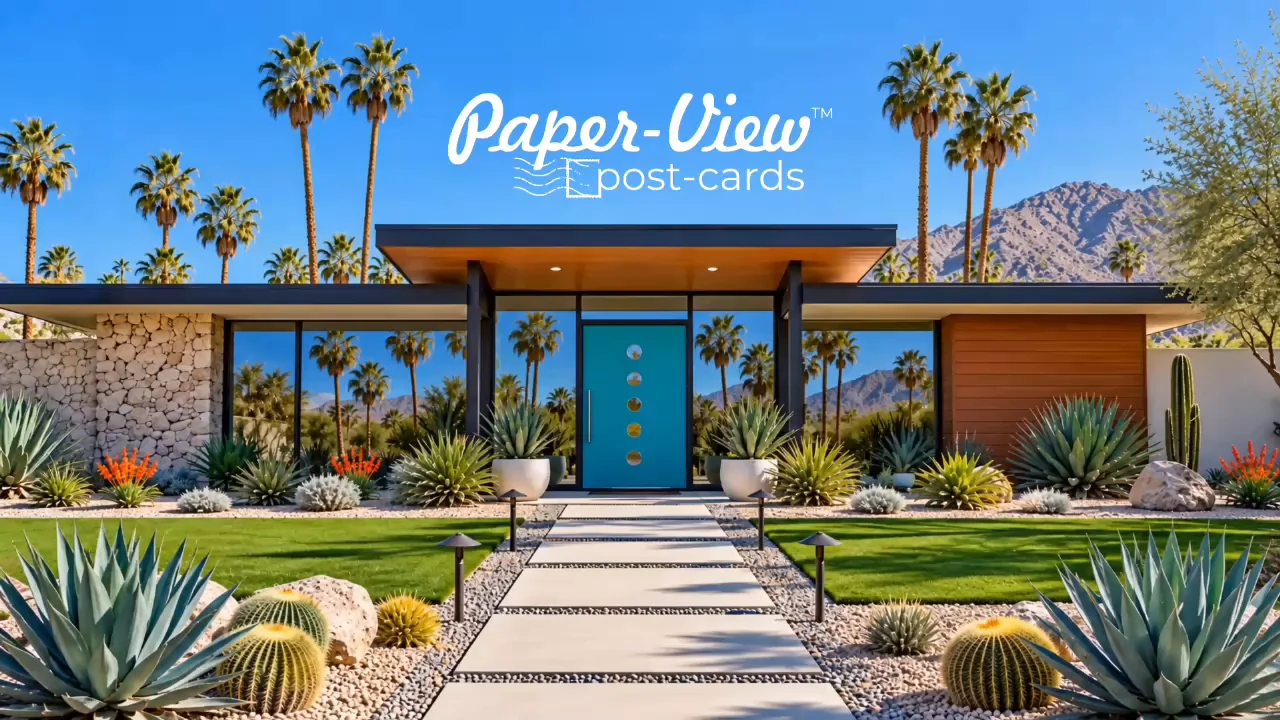 A mid-century modern desert home with a turquoise front door